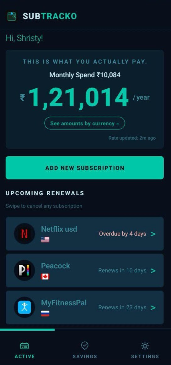 SubTracko dashboard showing estimated financial drain and upcoming renewals.