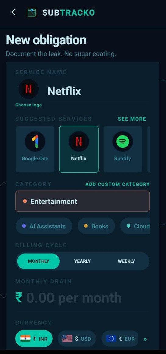 Add subscription screen showing provider, billing frequency, currency, and annual impact.