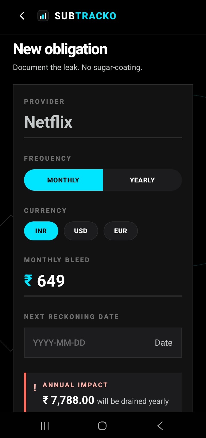 Add subscription screen showing provider, billing frequency, currency, and annual impact.