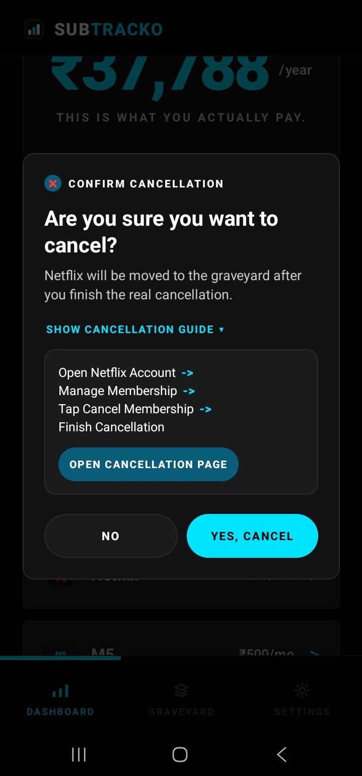 Confirmation modal with cancellation steps and a button to open the provider cancellation page.