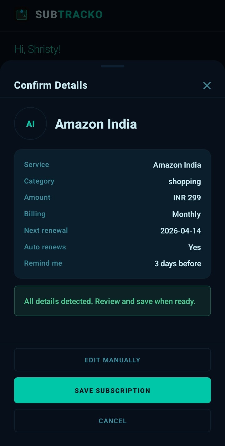 Confirm Details screen showing auto-filled subscription data after AI receipt scan — service, amount, billing cycle, and next renewal.