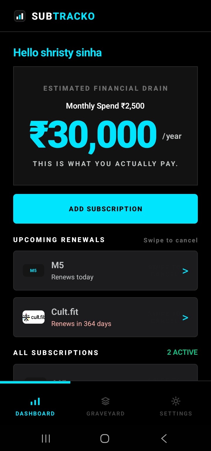 SubTracko dashboard showing estimated financial drain and upcoming renewals.