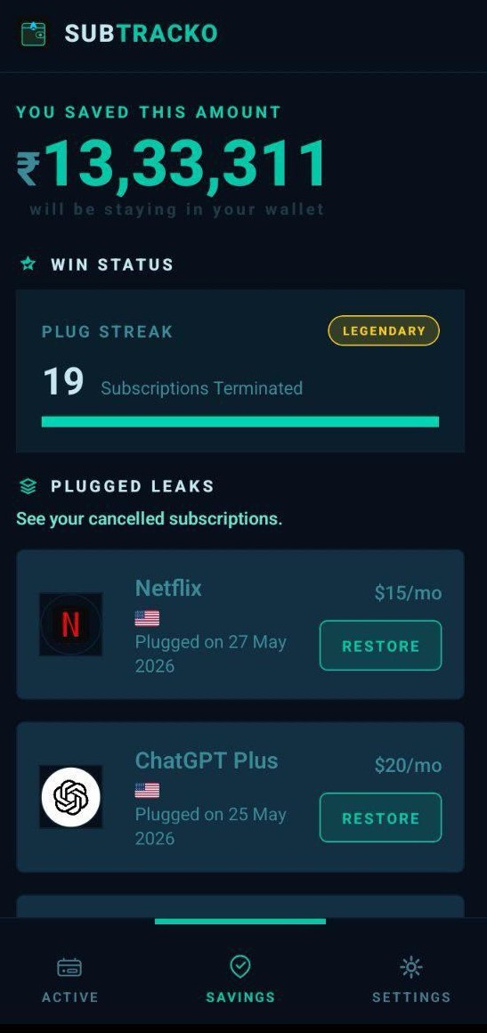 Savings screen showing plugged leaks, plug streak status, and total money recovered.
