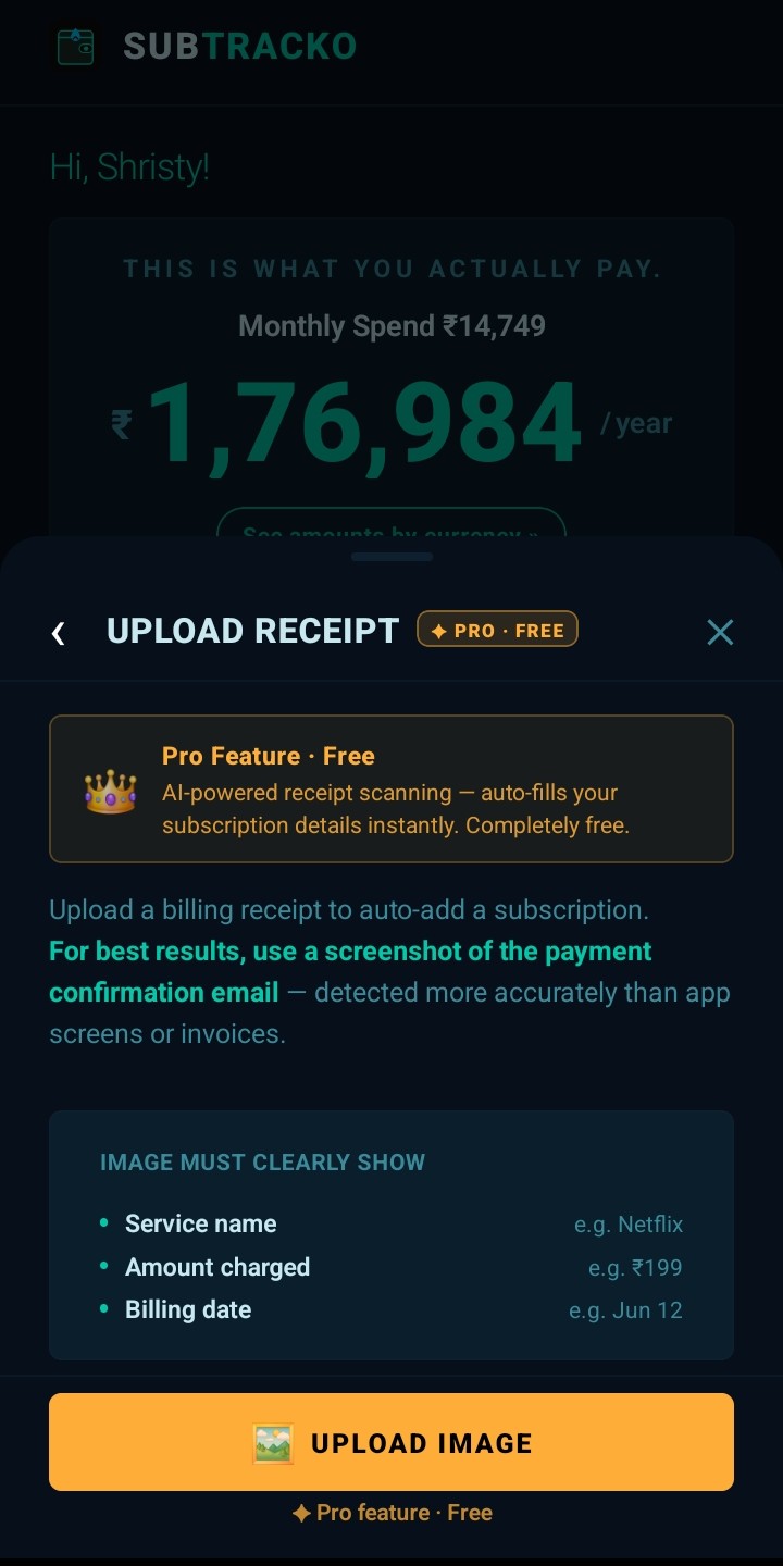 Upload Receipt screen showing the AI-powered receipt scanning interface with instructions.