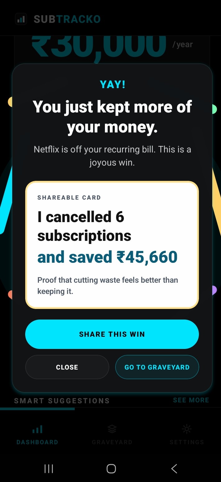 Victory modal showing savings after cancelling a subscription.